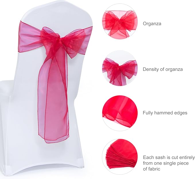 MDS® Pack of 25 Organza Chair Sashes for Wedding Decoration, Reusable Sheer Chair Bows for Banquet Chair Cover, Reception, Bridal Shower, Baby Shower, Birthday Party & Special Events - Red