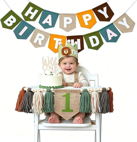 Wild One First Birthday Decorations For Boy-High Chair Banner First Birthday Boy Felt Happy Birthday Banner With Lion Crown, Wild One Highchair Banner Jungle Safari Birthday Party Decorations