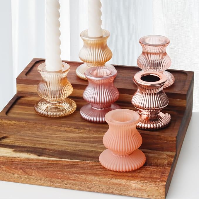 WDHODEC Pink Gold Candlestick Holders 12PCS Glass Taper Candle Holders for Table Centerpiece Colorful Candle Sticks for Spring Wedding, Party and Festival Decoration