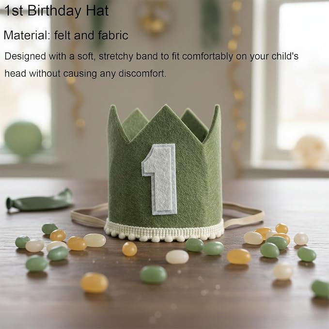 First Birthday Decorations - Complete Party Set with High Chair Banner, Number 1 Balloon, One Cake Topper, Crown, Balloons & Birthday Banner(Green)