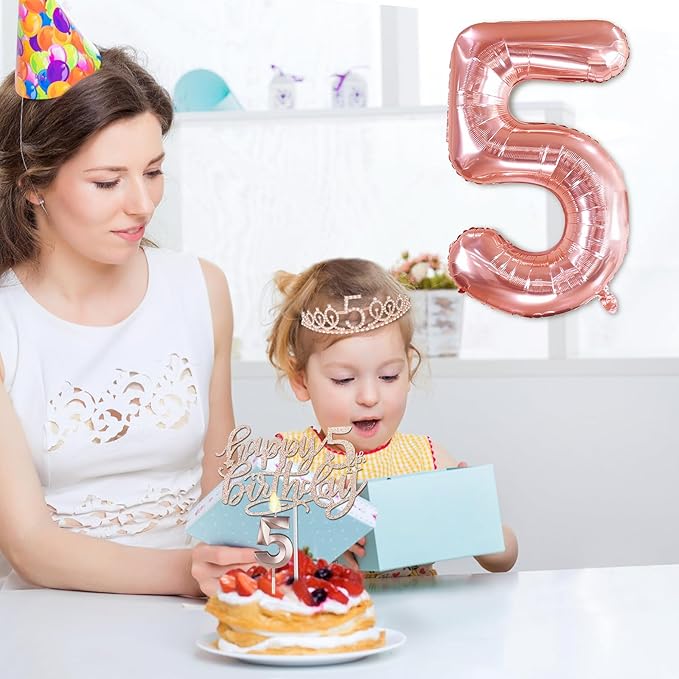 5th Birthday Decorations for Girls, Including 5th Birthday Sash and Tiara, Cake Topper and Candle, Number Balloon, 5 Year Old Girl Gifts