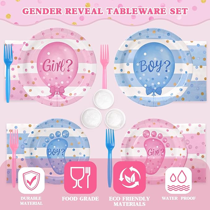 322Pcs Gender Reveal Decorations Kit (Serves 50 Guests) - Girl or Boy Gender Reveal Decorations, Disposable Tableware with Plates & Napkins, Tablecloth, Banner for Baby Shower