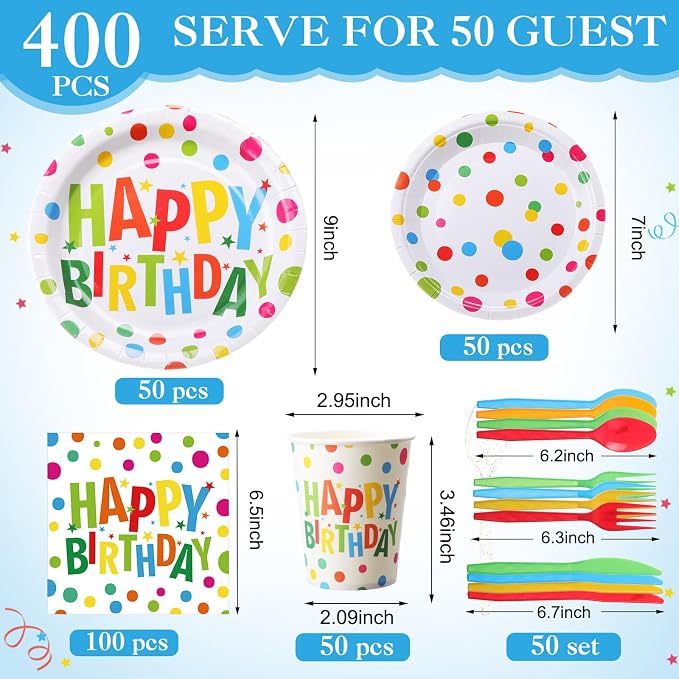 Pickmesh 400 Pcs Happy Birthday Decoration Set, Colorful Polka Dots Plates and Napkins Party Supplies, Disposable Plates and Cups with Plastic Cutlery for Birthday Party Favor