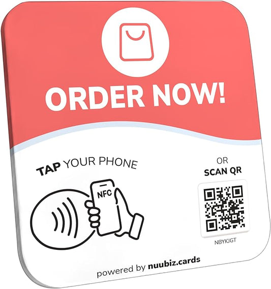 NFC Business QR Code Sign Plate for Placing Online Orders – Drive Offline Engagement Online – Works Like Review Tap Card & Social Media Sign – No App or Fees – Includes Stand or Adhesive