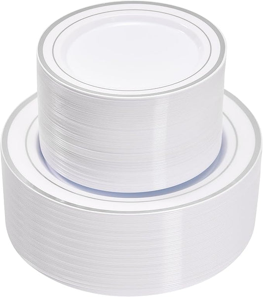 Fijinhom 200PCS Silver Plastic Plates, Disposable Plates with 100PCS 10" Dinner Plates & 100PCS 7" Dessert Plates for 100 Guests, Plastic Party Plates for Wedding, Birthday, Silver