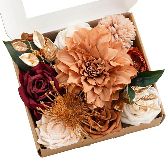 Ling's moment Terracotta Artificial Flowers Greenery Mini Box Set, Burnt Orange Fake Flower for DIY Wedding Bridal Bouquet, Centerpieces Decor, Floral Arrangement Decor, etc.