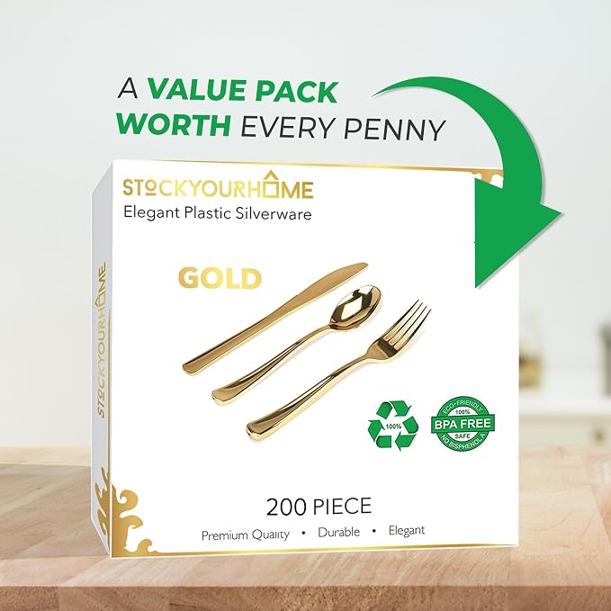 Gold Plastic Silverware Set (200-Pack) – Disposable Heavy Duty Cutlery, 67 Forks, 67 Knives, 67 Spoons for Parties, Weddings, Dinners & Holidays, Stock Your Home