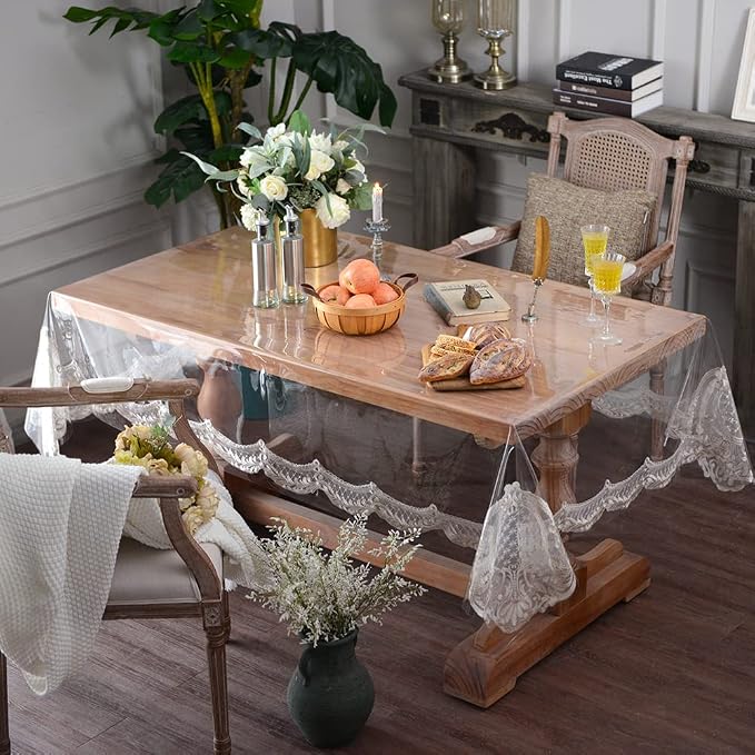 ARTABLE Vinyl PVC Rectangle Tablecloth Waterproof Clear Table Cover with Champagne Lace Macrame Border for Wedding Kitchen Home Outdoor Indoor Holidays Party Decor (Stone, 60 x 120 Inch)
