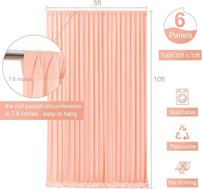 6 Panels Peach Backdrop Curtain for Parties Baby Shower Wrinkle Free Peach Photo Curtains Backdrop Drapes Fabric Decoration for Wedding Birthday Party 30ft(W) x 10ft(H)