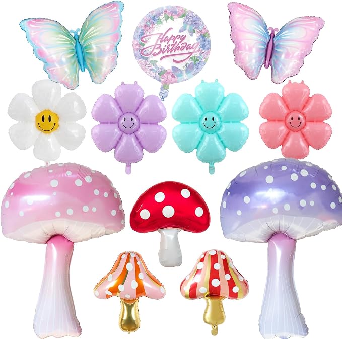 Magical Mushroom Forest Birthday Party Balloon Decor Kit - 13 PCsSet with Gradient Butterflies, Smiley Daisies & Happy Birthday Balloon | Whimsical Theme Party Decorations for Boys and Girls