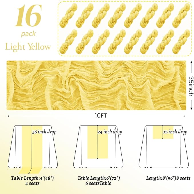 16Pack Light Yellow Cheesecloth Table Runner 10FT Yellow Gauze Table Runner 35x120Inch Long Boho Spring Easter Table Runners Rustic Sheer Table Runners for Wedding Baby Bridal Shower Decor