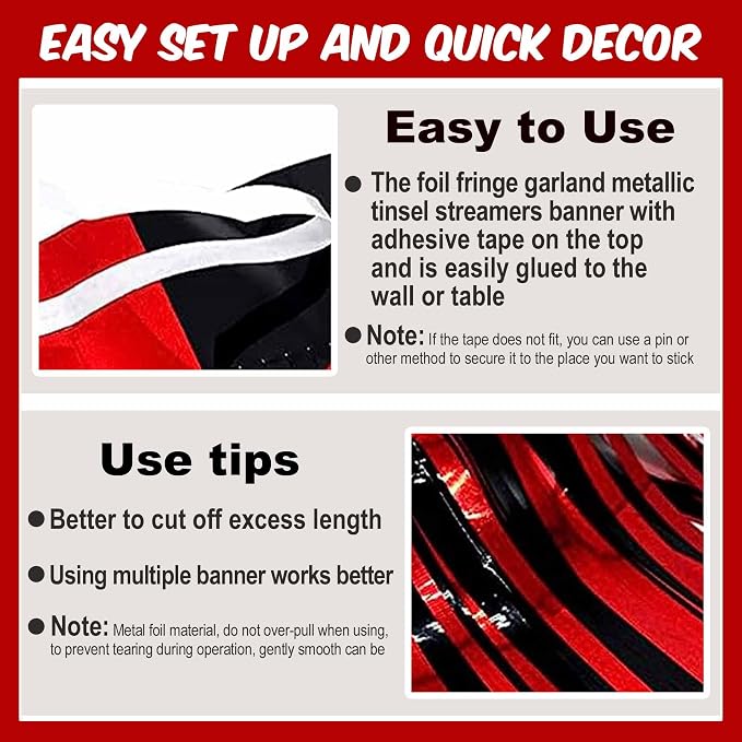 4 Pack 10 Ft Black and Red Foil Fringe Garland Metallic Streamers Tinsel Banner Wall Hanging Garland Backdrop for Parade Floats, Halloween, Christmas, Thanksgiving, New Year Party Decorations