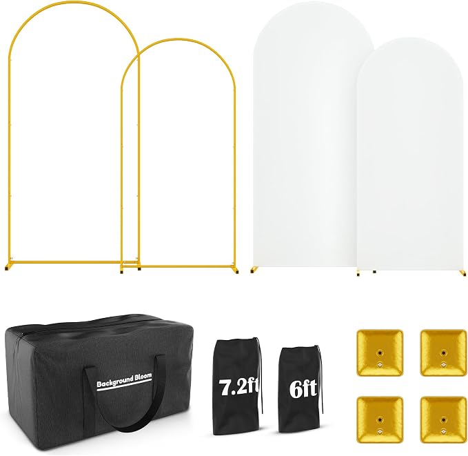 Metal Arch Backdrop Stand and Cover Set - 2 Gold Arches (7.2ft, 6ft) - Water Weights - 2 White Stretchy Spandex Covers, Bags & Case - Wedding, Birthday, Baby Shower, Party Decor