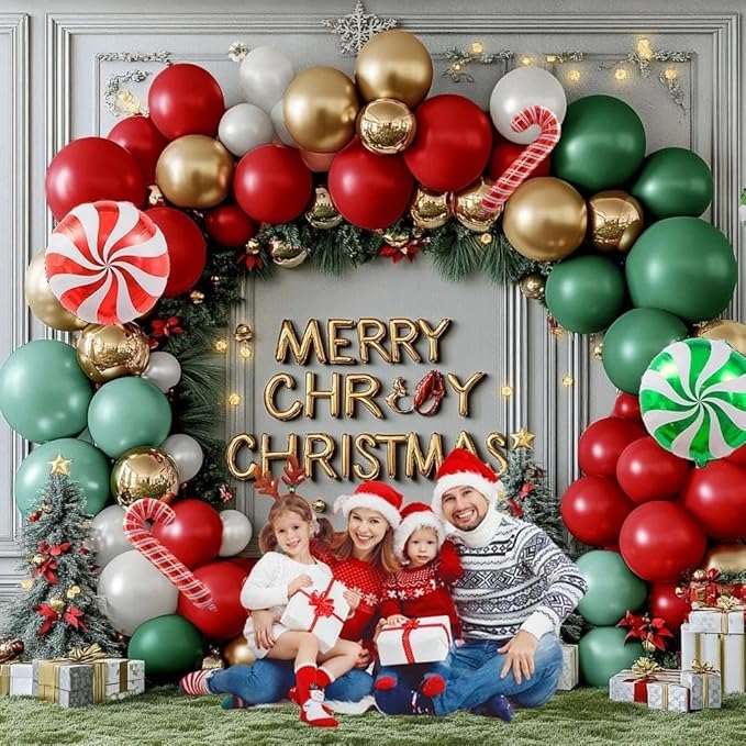 Christmas Balloon Arch Kit, Double Stuffed Red Green White Pearl Balloon Garland Sage Green Red Gold Balloons With Candy Cane Balloons for Christmas Birthday Xmas Santa Holiday New Year Party Decor