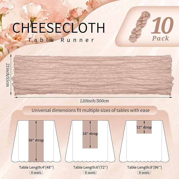 10 Pack Dusty Pink Cheesecloth Table Runner 10FT Boho Gauze Cheese Cloth Table Runners Romantic Rustic Sheer Table Decorations for Wedding Party Baby Shower Birthday Holiday Home
