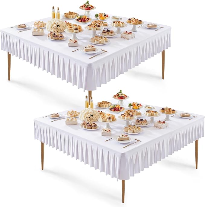 Wish Care 2 Pack White Spandex Tablecloths for 60x60 Inch Square Tables, Stretch Fitted Table Clothes with Pleated Ruffle Skirt for 60” Table, Wrinkle Free and Elastic, for Party Kitchen Home Dining