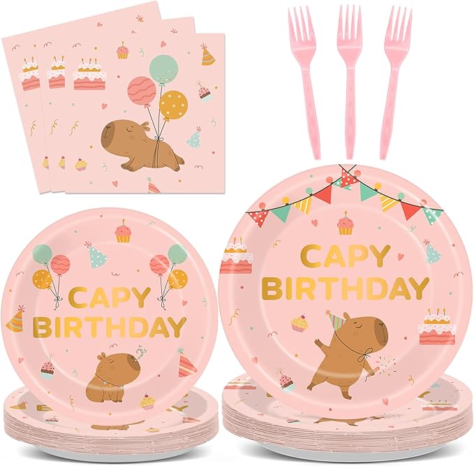 96 Pcs Pink Capy Birthday Party Decorations Cute Cartoon Capy Paper Tableware Set Pink Animals Theme Disposable Plates Napkins Forks for Kids Birthday Baby Shower Animal Party Supplies Serve 24 Guests