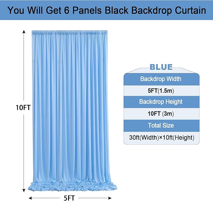 30ft x 10ft Wrinkle Free Baby Blue Backdrop Curtain for Boy Birthday Party, 6 Panels 5×10ft Soft Silky Polyester Blue Photo Backdrop Drapes for Baby Shower Gender Reveal Wedding Photography