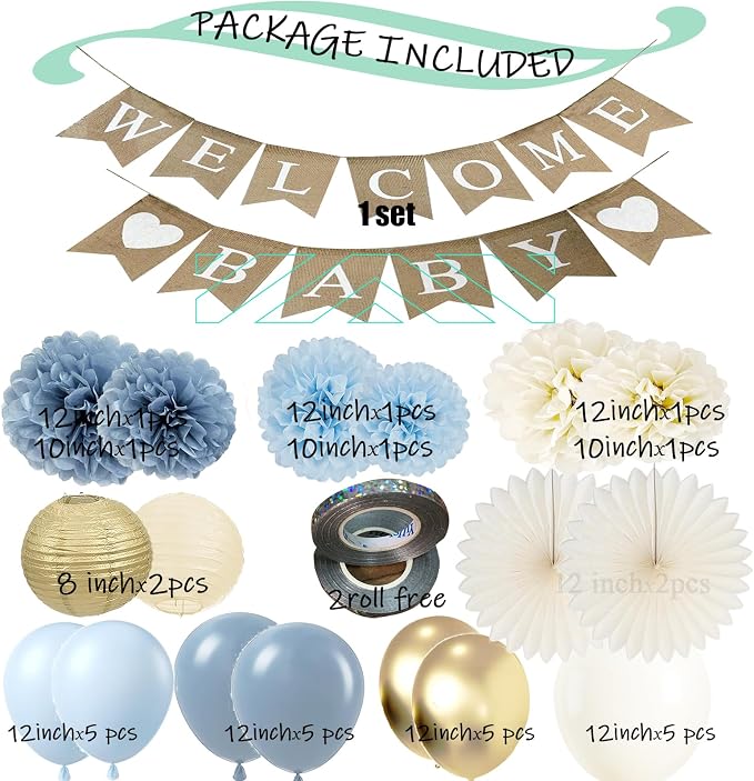 Baby Shower Decorations for Boys with Rustic Burlap Welcome Banner and Dusty Blue Balloons Paper Party Supplies (Pastel Blue + Gold)