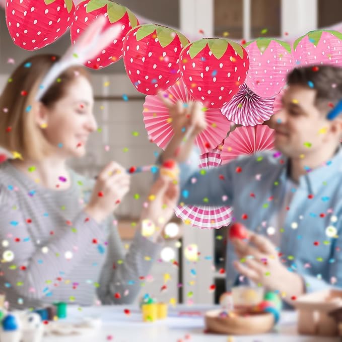 12 Pack Strawberry Paper Lanterns Paper Fan Party Decorations - Hanging Birthday Lantern Decor Fruit Themed Parties Strawberry Decorations Lanterns For Garden,Yard,Lawn,Etc.
