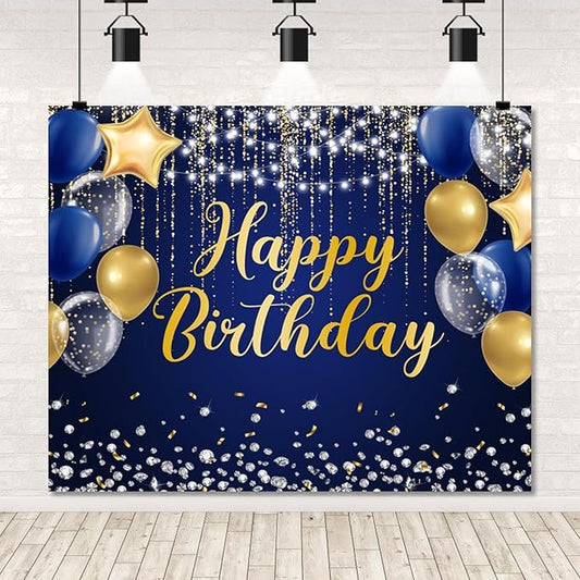 Blue Gold Happy Birthday Backdrop 10x8ft Gold Silver Glitter Birthday Photography Background Banner for Men Birthday Party Table Wall Decoration Photo Shoot Studio Props