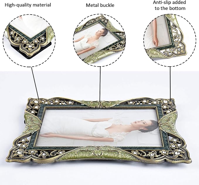4x6 Vintage Brass Picture Frame Decor Ornate Antique Enamel Photo Frames with Glass Front, Art Decor Tabletop Display, Gifts Ideas for Women, Horizontally & Vertically