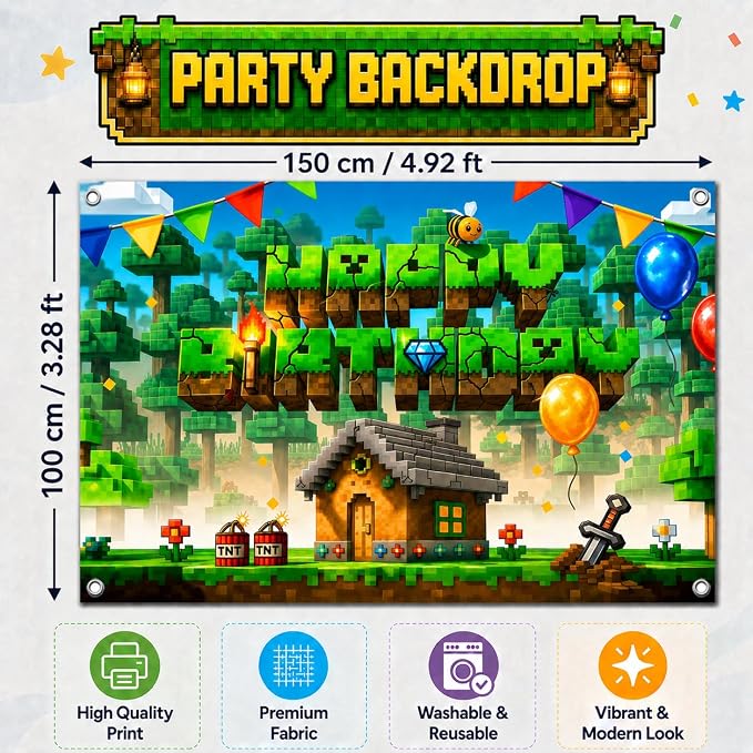 Pixel Game Birthday Party Decorations - Miner Supplies Set Gaming Theme - Including Backdrop Balloons Tablecloth Plates Toppers Napkins Favor Bags Stickers - Mining Bday Pack Craft Decor Kit