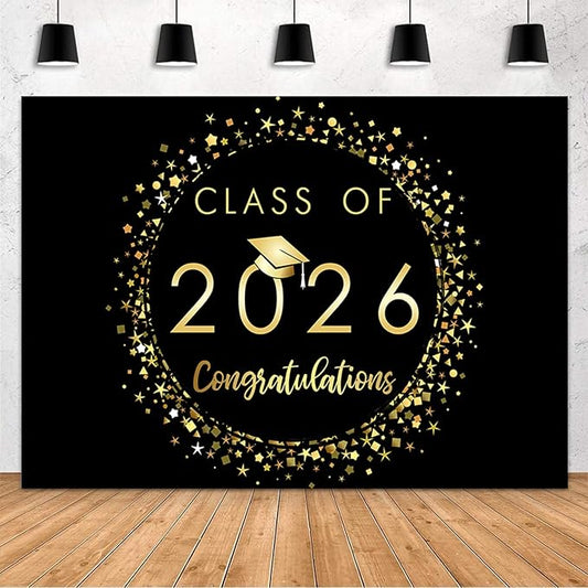 MEHOFOND 7x5ft Black and Gold Class of 2026 Graduation Backdrop Congratulations Graduation Prom Party Decorations Background Congratulations Senior Congrats Grad Banner Decors Photo Booth Props