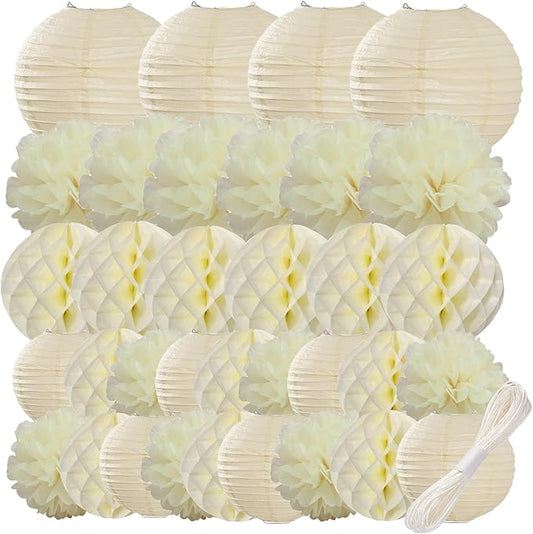 WOLHOWLTD Beige Paper Decoration Set - 34 Pcs Paper Lanterns, Pompoms, Honeycomb for Wedding,Harvest, New Year,School Day,Bridal Baby Shower,Birthday Party Classroom,Home Garden Decoration (Beige)