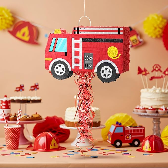 WERNNSAI Fire Truck Piñata - Firetruck Birthday Decorations Piñata for Boys Kids Firefighter Truck Theme Birthday Party Game Decorations Bundle with Blindfold and Bat