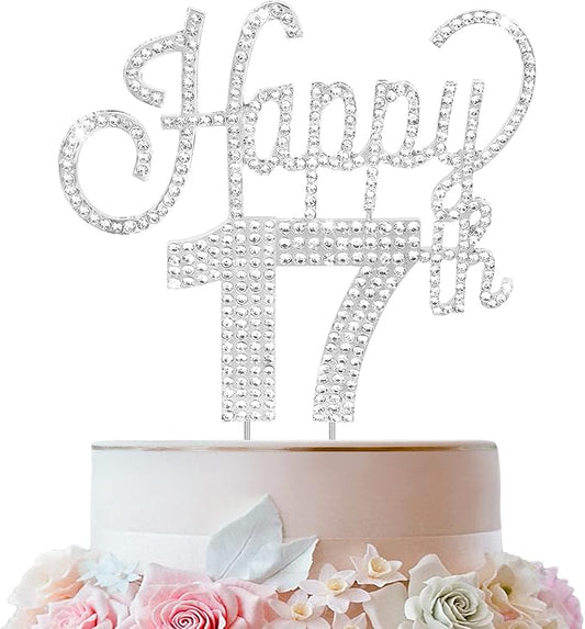 LINGTEER Happy 17th Birthday Silver Rhinestone Cake Topper - Cheers to 17th Birthday Seventeen Years Old Party Cake Centerpieces Topper Decorations Gift Sign.