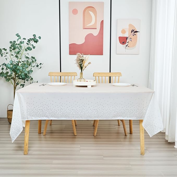 Plastic Tablecloth Roll – 54" x 100' Plastic Tablecloths for Parties Disposable with Cutter Box - Cut to Size Disposable Tablecloth for Rectangle & Round (Silver Dots-White)