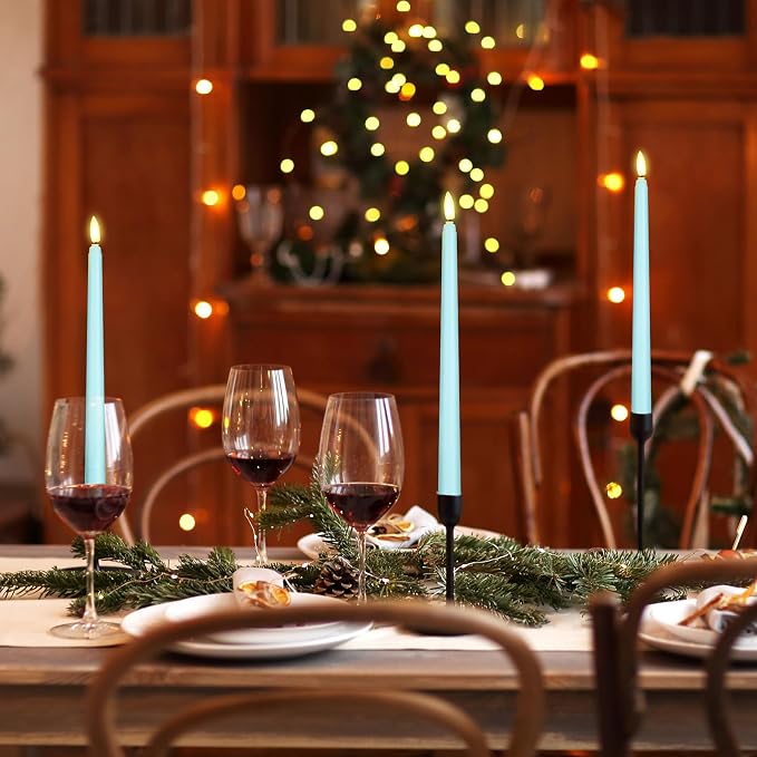 Macarrie 24 Packs Flameless Taper Candles Battery Operated Fake 11 Inch Long Candlelight LED Flameless Candlesticks Flickering Tapered for Summer Fall Wedding(Teal)