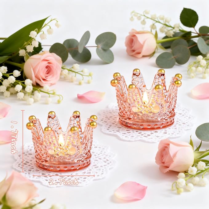 Rubtlamp 6 Pack Pink Crown Candle Holders, Votive Candle Holders Bulk with Gold Tips, Glass Tealight Candle Holder for Table Centerpieces, Bridal Shower, Birthday, Wedding, Home Decor