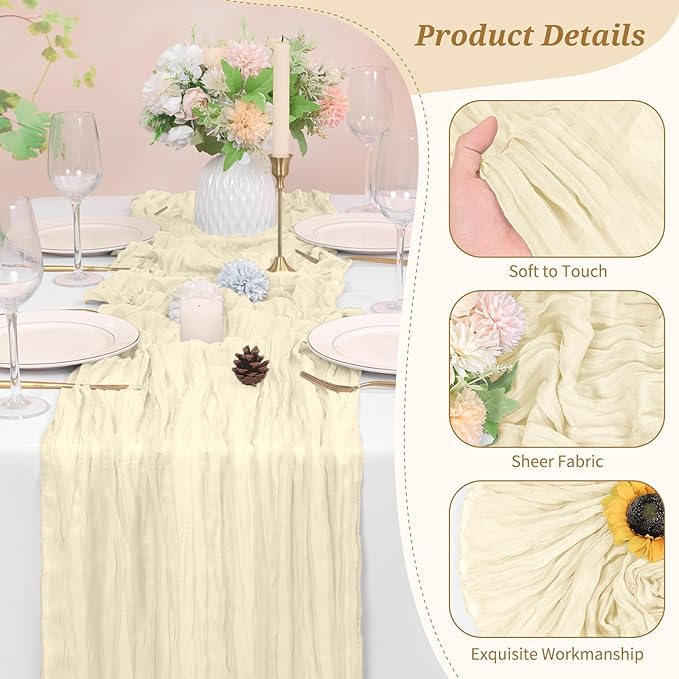 Ivory Cheesecloth Table Runner 6 Pack 10FT - Boho Gauze Sheer Rustic Crinkled Table Runners for Wedding Party Baby Shower Bridal Decor