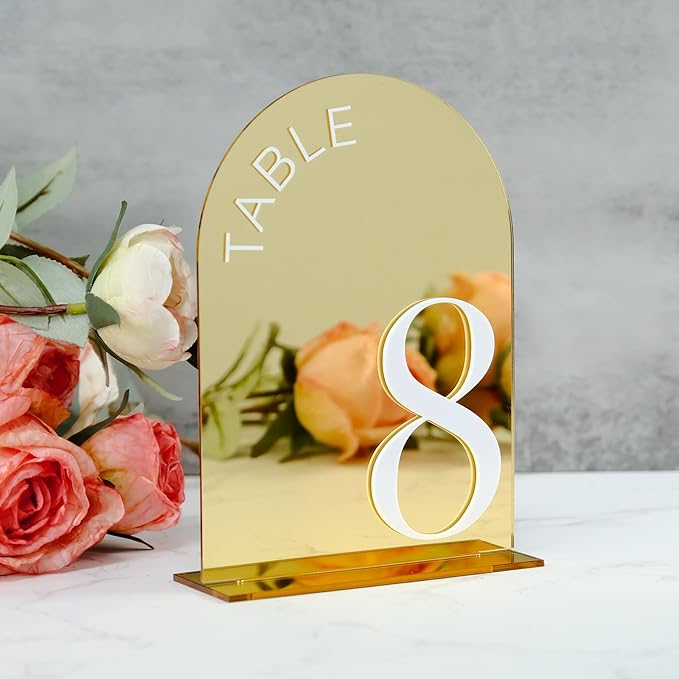 Gold Mirror Arch Wedding Table Numbers 1-10 with Stand, 10 Pack 5x7 Inch Mirrored Acrylic Arch Signs with Raised White Numbers, Gold Acrylic Table Numbers for Wedding Reception