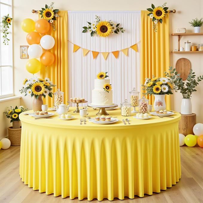 2 Pack Yellow 72 inch Round Spandex Tablecloth, Washable Stretchy Fitted 6FT Round Tables,Elastic Edge with Skirt, Wrinkle-Free Table Cloths for Wedding Banquet Party Birthday Buffet