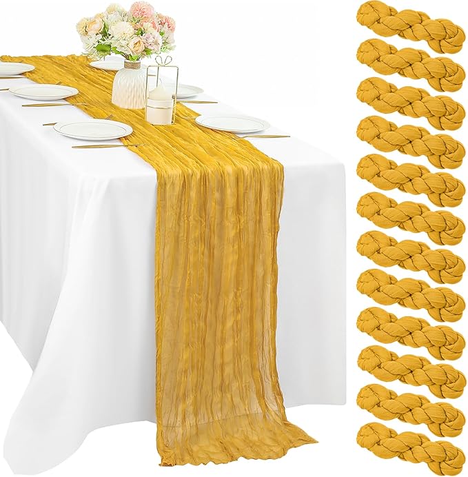 12 Pcs Mustard 35 x 120 Inches Long Cheesecloth Table Runner 10FT Runner for Tables Gauze Fabric Boho Table Runner Decoration Rustic Semi Sheer Runner for Wedding Baby Shower Birthday Party (Mustard)