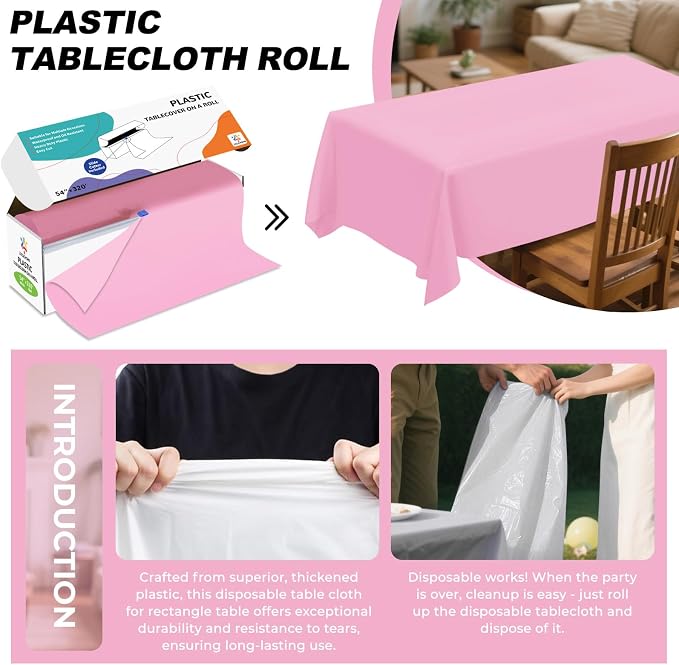 54IN X 320FT Plastic Table Cover Roll with Cutter Box, Cut to Size Plastic Table Cloths for Parties, Birthday, Disposable Tablecloth Roll for All Shape Tables (Pink, 54 Inch X 320 Feet)