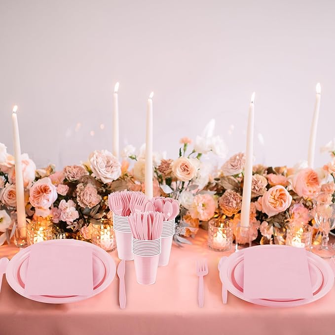 Aodaer 400 Pieces Pink Party Supplies Disposable Dinnerware Set Include Plastic Plates Cups Knives Forks Spoons Paper Napkins for Birthday Wedding Graduation Parties, Serve 50 Guests