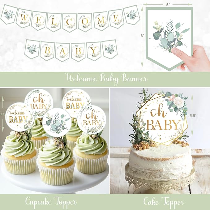 Hombae Sage Green Baby Shower Decorations, Gender Neutral Greenery Baby Shower Decorations, Welcome Baby Backdrop Green Gold Balloon Banner Tablecloth Cake Cupcake Topper Mommy to Be Sash Boxes