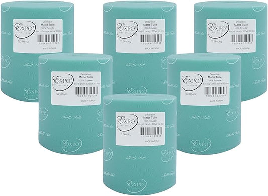 Expo International Decorative Matte Tulle, Roll/Spool of 6” X 200 Yards, Lightweight Polyester Tulle Fabric for Tutus, Costumes, and Party Decorations, Washable, Easy-to-Use, Pack of 6, Aqua Blue