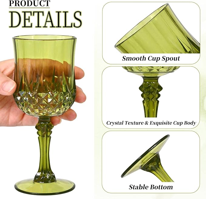 24Pack Green Plastic Wine Glasses,Vintage Plastic Goblets for Parties, Dark Green Drinking Glasses Crystal Water Goblets Reusable for Wedding Reception, Grand Event Party Supplies