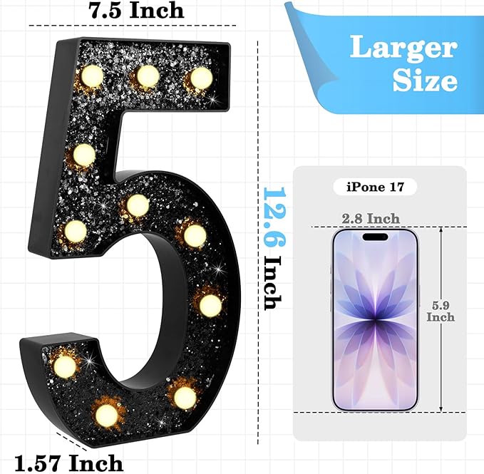 12.6 Inch LED Black Marquee Light Up Numbers, 5th Birthday Decorations Number Lights as Gifts for Girls Boys, Glitter Lighted Marquee Numbers for Black Anniversary Party Table Decor, 5
