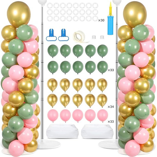 2 Sets Pink Green Gold Balloon Column Stand Kit with 100 Balloons Adjustable Balloon Tower Stand with Bases for Floor Column Kit for Wedding Anniversary Graduation Birthday Appreciation Party Decor