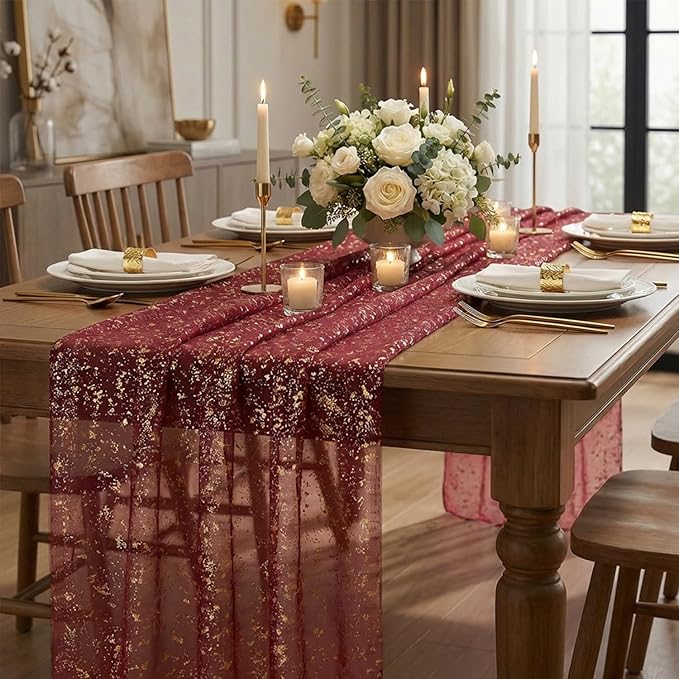 Artoid Mode 3PC Burgundy Gold Gauze Table Runner 120 Inch 10FT, Glitter Metallic Foil Sheer Dining Wedding Anniversary Holiday Birthday Table Decor for Home Party