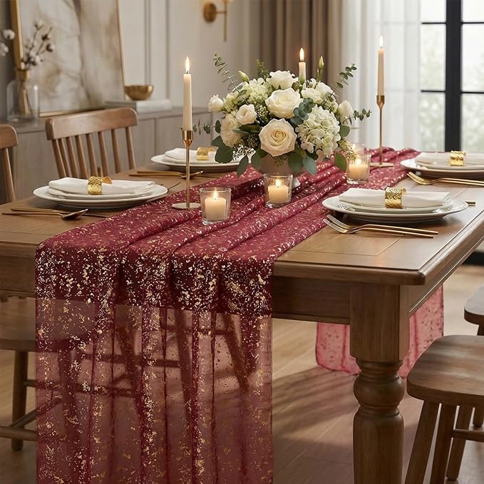 Artoid Mode 10Pcs Burgundy Gauze Gold Table Runner 10FT, Glitter Metallic Foil Sheer Dining Wedding Anniversary Holiday Table Decor for Home Party