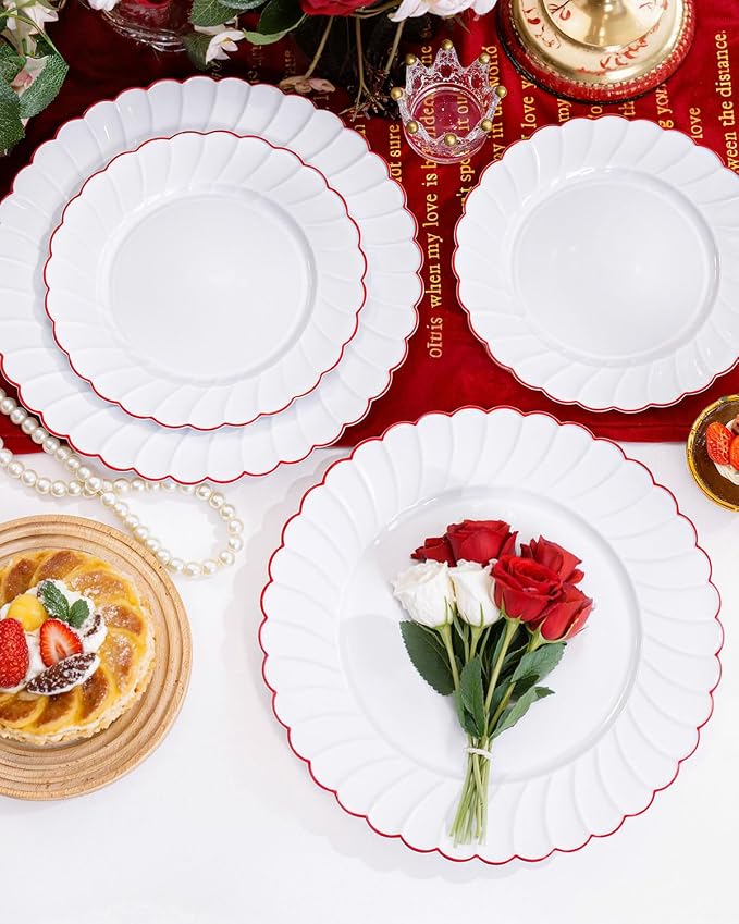 YOUBET 60PCS Red Scalloped Plastic Plates - Heavy Duty White and Red Rim Disposable Plates include 30 Hard Dinner Plate, 30 Dessert Plate for Party & Wedding