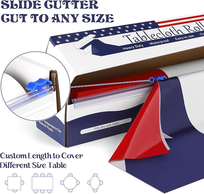 Kochorie 100 Ft x 54 Inch 4th of July Tablecloths Roll with Slide Cutter Box Patriotic Disposable Plastic Table Cover Roll Independence Day Backdrop for Memorial Day Party Supplies