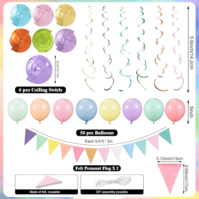 TaoBary Birthday Party Decor Kit 600 Sheet Paper Chain Garland Strips 656ft Crepe Paper 52ft Star Garland 52ft Felt Pennant Flag Pastel Ceiling Swirls 50 Balloons for DIY Birthday Wedding Party